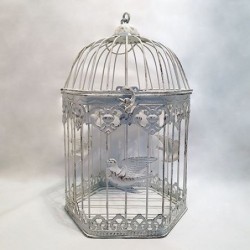 Cage décorative hexagonale - Country casa - Oiseaux blancs